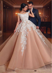 Champagne Tulle Off-the-shoulder Lace Appliques Ball Gown Wedding Dress