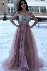 Champagne Appliques Off-The-Shoulder A-Line Tulle Prom Dress