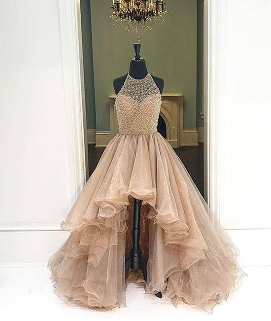 Unique round neck high-low prom dresses for teens, evening dresses - RongMoon