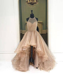 Unique round neck high-low prom dresses for teens, evening dresses - RongMoon