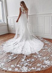 Appliques & Watteu Chiffon Jewel Lace Mermaid Wedding Dress