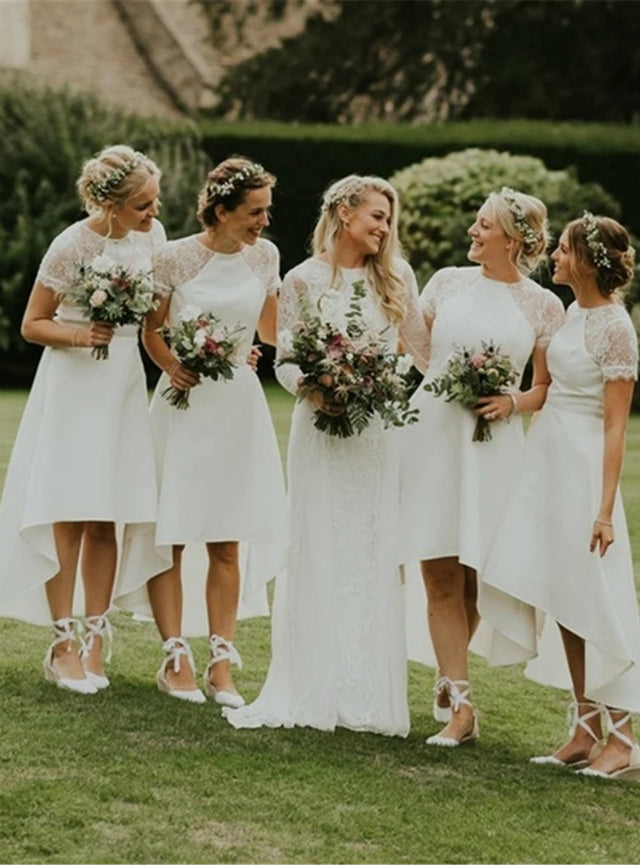 White Satin Lace Hi Lo Short Sleeve Bridesmaid Dress