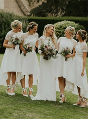 White Satin Lace Hi Lo Short Sleeve Bridesmaid Dress