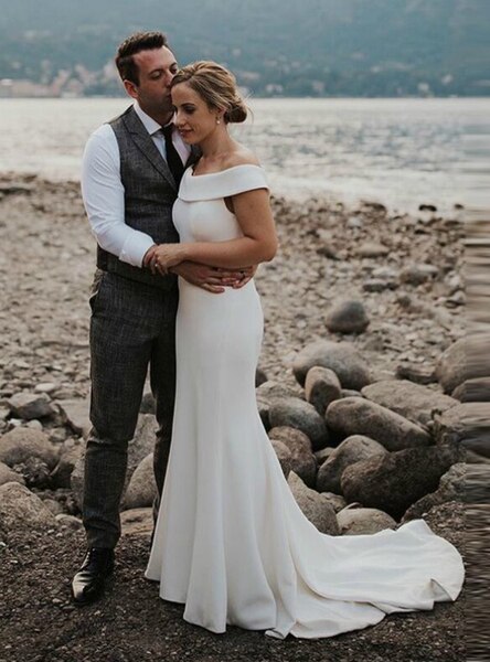 Backless Mermaid Satin Off the Shoulder Wedding Dress