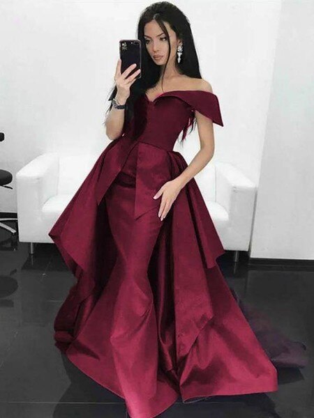 A-Line Off-the-Shoulder Burgundy Floor Length Prom Dress with Short Sleeve