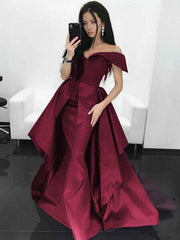 A-Line Off-the-Shoulder Burgundy Floor Length Prom Dress with Short Sleeve