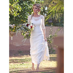 Sheath Column Lace Bateau 1/2 Sleeves Sweep/Brush Train Wedding Dress