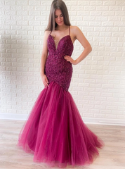 Purple Mermaid Backless Tulle Spaghetti Straps Beading Prom Dress