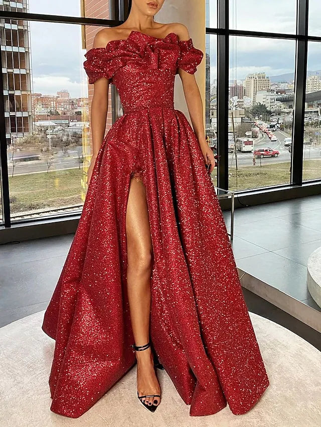 Burgundy Off The Shoulder Sequin Prom Dress