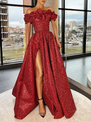 Burgundy Off The Shoulder Sequin Prom Dress