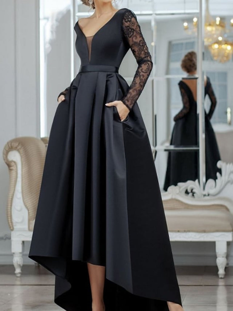 Black Long Sleeve V Neck Prom Dress With Pocket