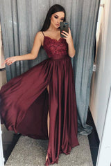 Burgundy lace chiffon long prom dress burgundy lace evening dress - RongMoon