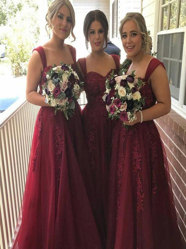 Burgundy Straps Applique Tulle Bridesmaid Dress