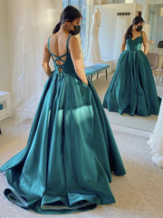 Green V Neck Cross Back Satin Prom Dress