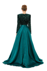 Dark Green Long Sleeves Sequin & Satin A Line Sexy Prom Formal Dress