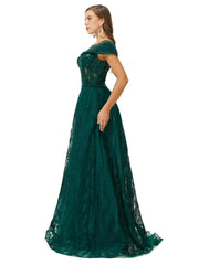 Green Cap Sleeves Scoop Lace A Line Detachable Train Prom Formal Dress