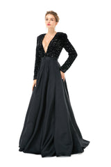 Black Long Sleeves Sequin & Satin A Line Sexy Prom Formal Dress