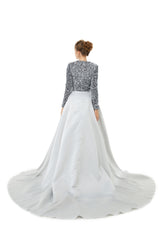 Silver Removable Train Long Sleeves Trumpet Mermaid Sparkle Sequin Prom Dress