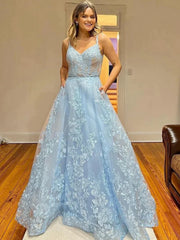 Lace A Line Long V Neck Light Blue Prom Dress