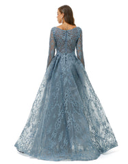 Gray Long Sleeves Scoop Lace A Line Detachable Train Prom Formal Dress