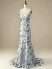 V Neck Mermaid Silver Gray Appliques Prom Dress