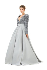 Silver Long Sleeves Sequin & Satin A Line Sexy Prom Formal Dress