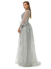 Gray Long Sleeves High Neck A Line Detachable Train Prom Formal Dress