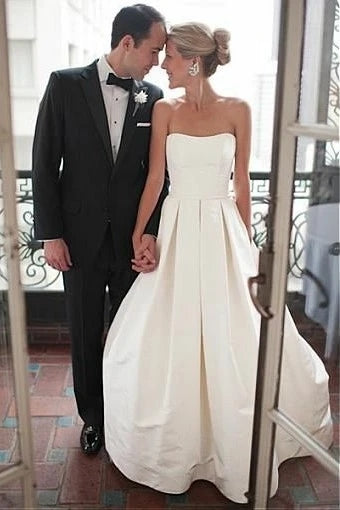Strapless A Line Simple Satin Pleats Wedding Dress