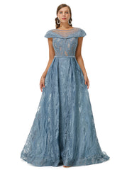 Blue Cap Sleeves Scoop Lace A Line Detachable Train Prom Formal Dress