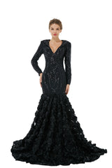 Long Sleeves V Neck Black Trumpet Mermaid Rose Sequin Prom Formal Dress