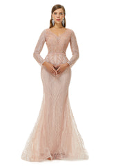 Champagne V Neck Trumpet Mermaid Beading Bling Bling Prom Formal Dress