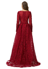 Burgundy Long Sleeves Tulle Beading Detachable Train Formal Prom Dress