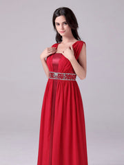 Red Long Boat Neck Satin & Chiffon A Line Beading Prom Dress
