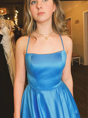 Satin A Line Light Blue Prom Dress With Slit