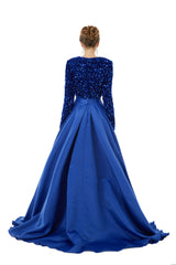 Royal Blue V Neck Sequin Bling Bling Satin A Line Prom Dress