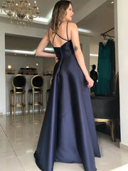 Dark Navy Blue V Neck Satin A Line Prom Dress