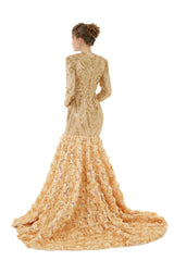 Champagne Sequin V Neck Long Sleeve Trumpet Mermaid Prom Formal Dress