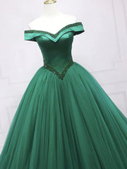 Off Shoulder Crystal Tulle Green Long Prom Dress