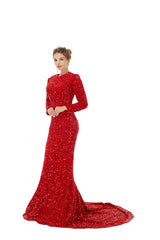 Red Long Sleeves Scoop Trumpet Mermaid Sparkle Sequin Prom Dress