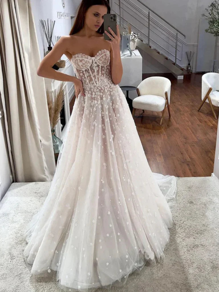 Sweetheart Light Champagne 3D Flowers Prom Dress