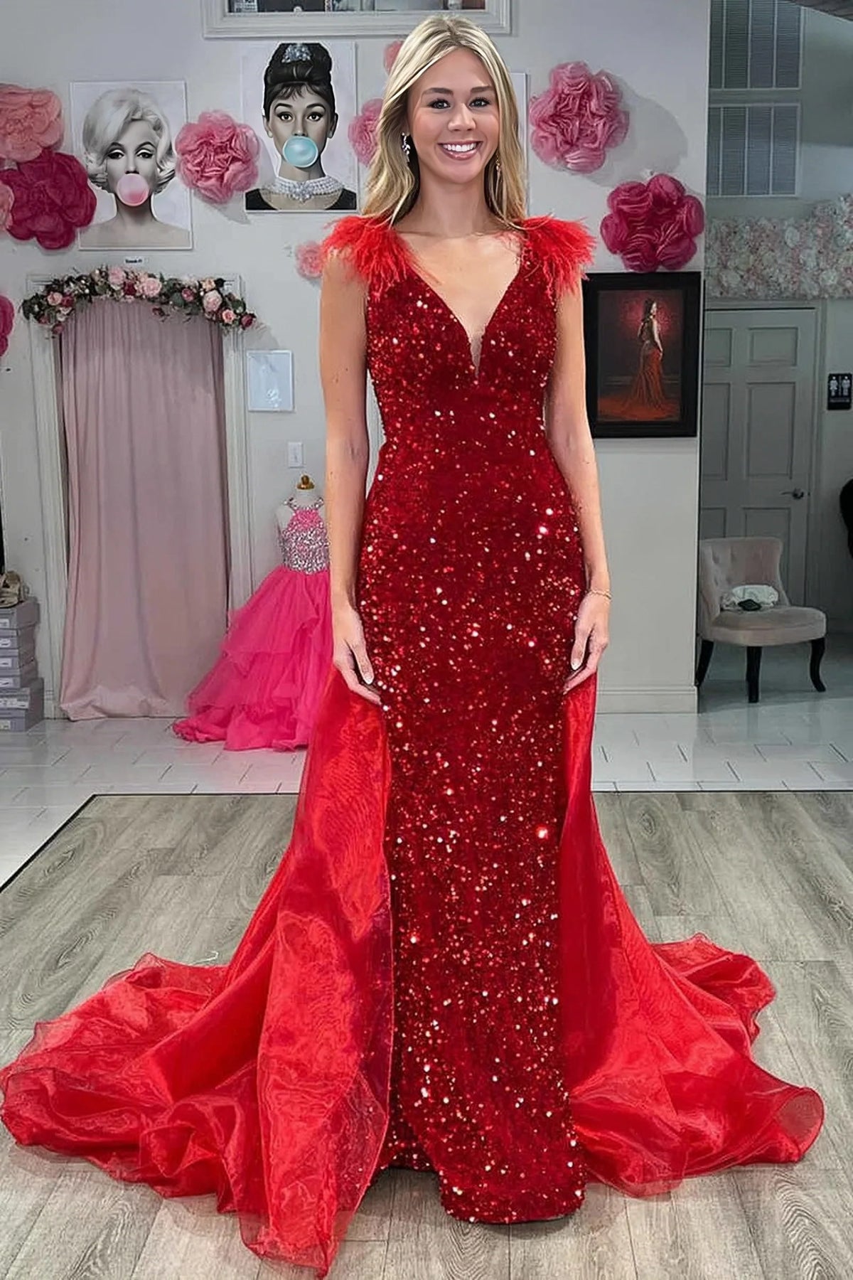 V-Neck Burgundy Sequin Mermaid Prom Dress With Feathers