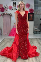 V-Neck Burgundy Sequin Mermaid Prom Dress With Feathers
