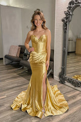 Sweetheart Mermaid Ruched Satin Gold Prom Dress