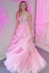 Red Tulle Mesh V Neck Ruffles Prom Dress