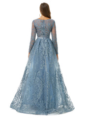 Luxury Blue Beading Long Sleeve Sheer Detachable Train Prom Dress