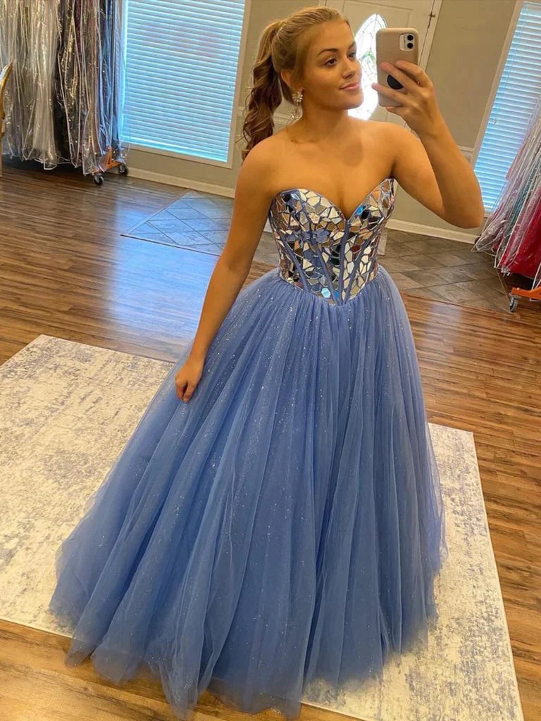 Blue Tulle Lace Up Sequin Sweetheart Prom Dress