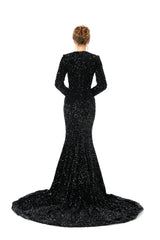 Black Long Sleeves Scoop Trumpet Mermaid Sparkle Sequin Prom Dress