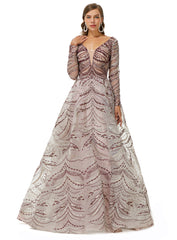 Long  Sleeves V Neck Lace A Line Detachable Train Prom Formal Dress