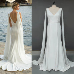 Sheath Column Backless V Neck Satin Wedding Dress With Cape