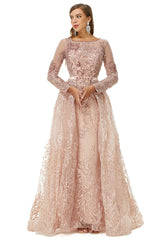 Luxury Champagne Beading Long Sleeve Sheer Detachable Train Prom Dress